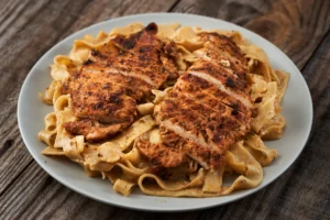 Serving creamy Cajun Chicken Pasta. Variations of Cajun Alfredo Pasta with vegetables.