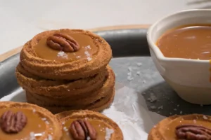 Preparing dough for Gooey Caramel Cookies Serving Salted Caramel Cookies with a glass of milk