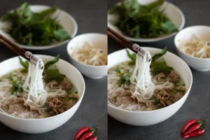 Simmering Pho broth with spices like star anise and cinnamon stick. Thinly sliced beef sirloin prepared for Vietnamese Pho. A prepared bowl of Pho with noodles, beef, and broth ready to serve. Fresh Pho garnishes including basil, lime wedges, and bean sprouts. People enjoying a traditional Vietnamese Pho meal.