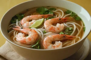 Final homemade Shrimp Pho dish ready to serve Fresh herbs and garnishes for Shrimp Pho Recipe Adding garnishes to Vietnamese Shrimp Noodle Soup