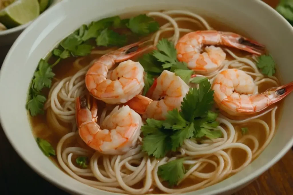 Ingredients for homemade Shrimp Pho recipe Preparing broth for Vietnamese Shrimp Noodle Soup