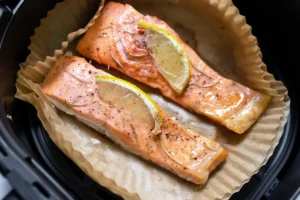 Salmon Bites cooking in Air Fryer Crispy Air Fryer Salmon Bites ready to serve