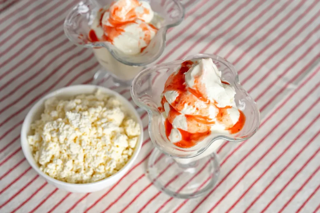 Cottage cheese, fruit, and yogurt - ingredients for a healthy frozen treat.