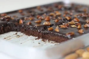 Texas Sheet Cake on a serving platter