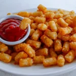 Frozen tater tots arranged in air fryer basket before cooking.